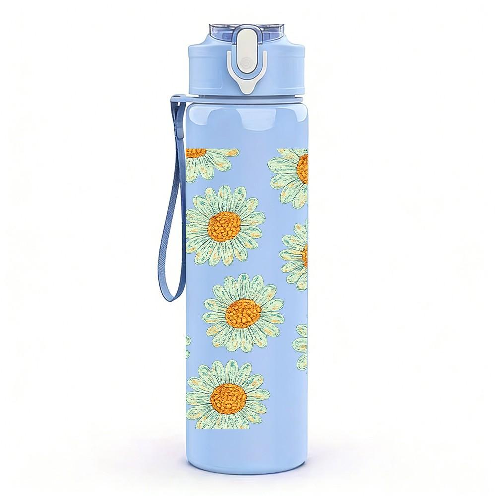 1PC Daisy Floral Print 750ml Color Plastic Sports Water Bottle Leakproof Flip Straw Lid Suitable for Sports Office Home Use