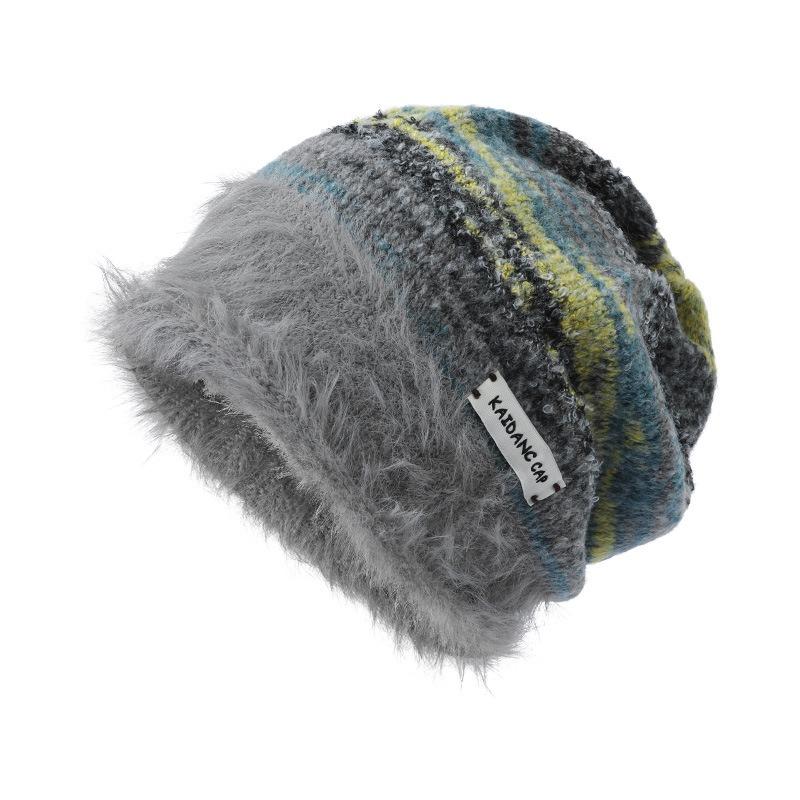 Maillard autumn and winter stripe mixed color plush knitted stacking hat bag head warm fashion versatile ear protection wool hat