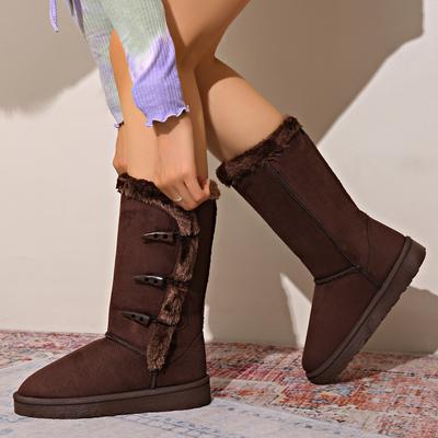 Mode Winter Braun Lange Stiefel Damen Mid-Calf Stiefel Dickes Plüsch Dicke Sohle Rutschfest Mode Einfarbig Knopf Klassisch Retro Damenstiefel