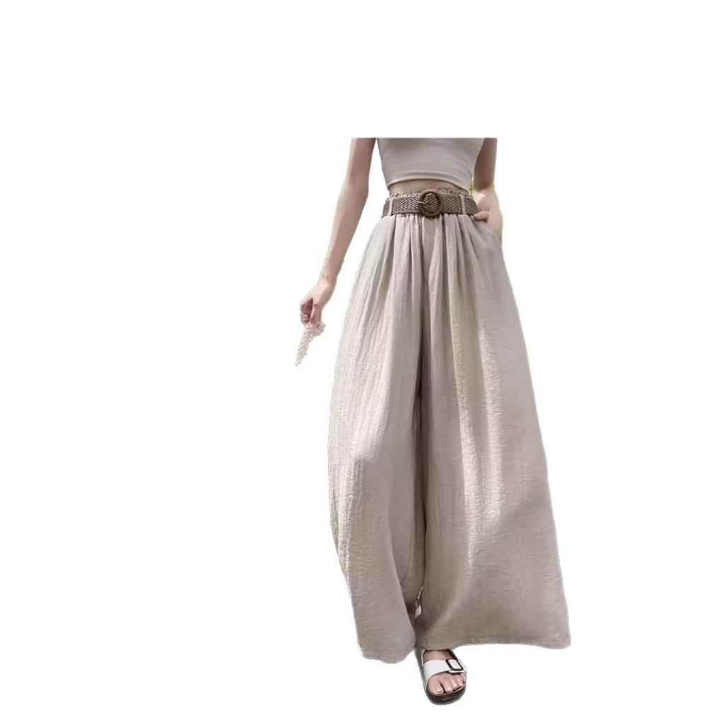 Bohemian High-Waisted Wide-Leg Cotton Linen Feel Floor-Length Pants with Free Belt - Plus Size Women's Retro Style.