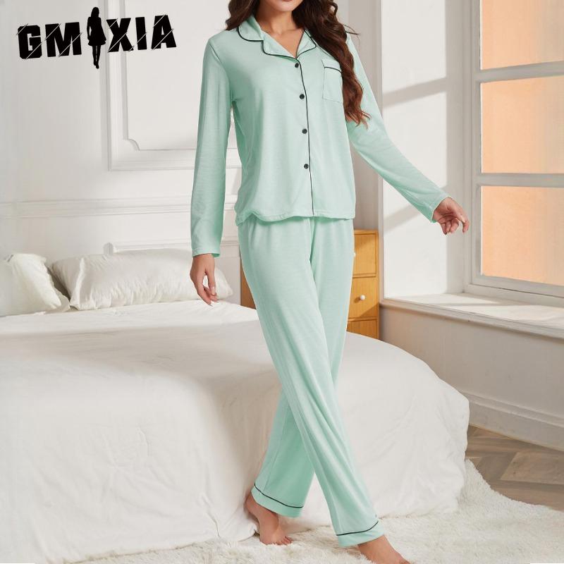 GMXIA Women's Pajamas Autumn and Winter Solid Color Cardigan Long Sleeve Loungewear Set