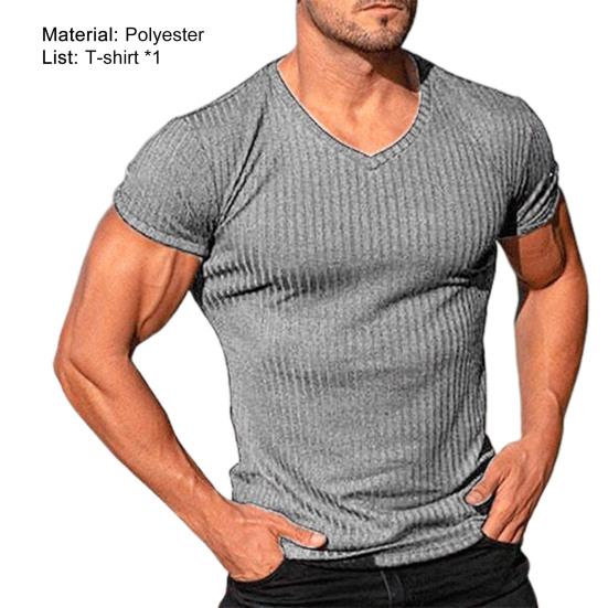V-neck Short Sleeve Vertical Striped Lines Men T-shirt Solid Color Simple Summer Tee Shirt Streetwear