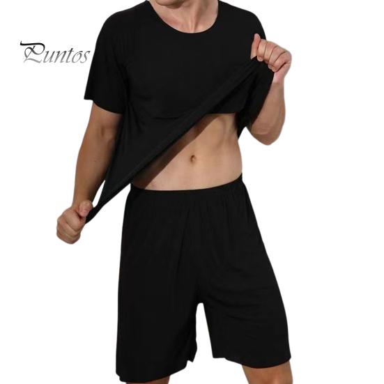 

Мужской спортивный костюм из 2 шт./компл., футболка с круглым вырезом и коротким рукавом, эластичная талия, широкие шорты, комплект из ледяного шелка, однотонная одежда для сна, домашняя одежда XL чёрный