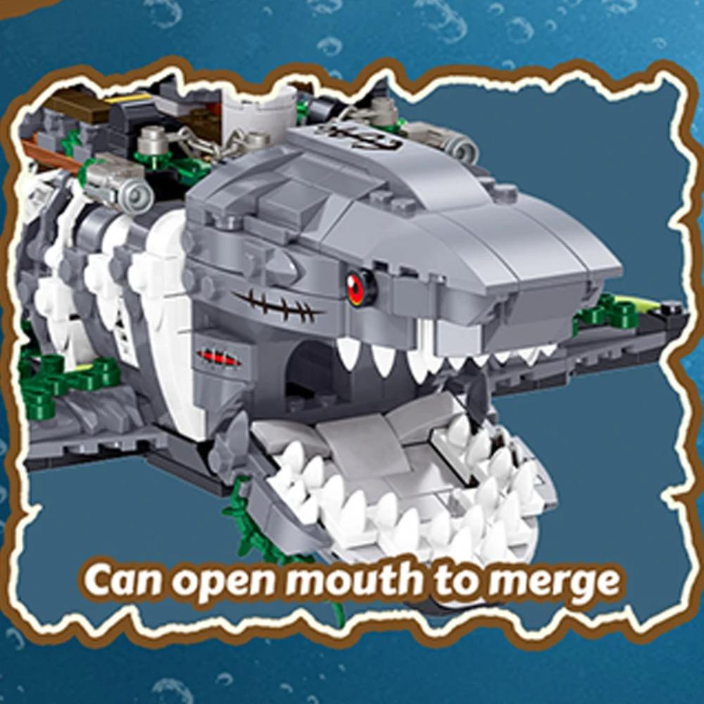 1155PCS Shark Ghost Pirate Ship Building Blocks Fantasy Sea Monster Ship Model Bricks With Light Educational DIY Toy For Adults