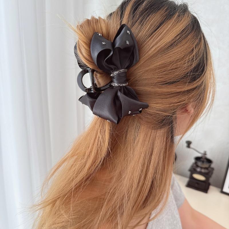New Style Crystal Rhinestone Black Bow Fabric Claw Clip with Luxurious Feel for Women