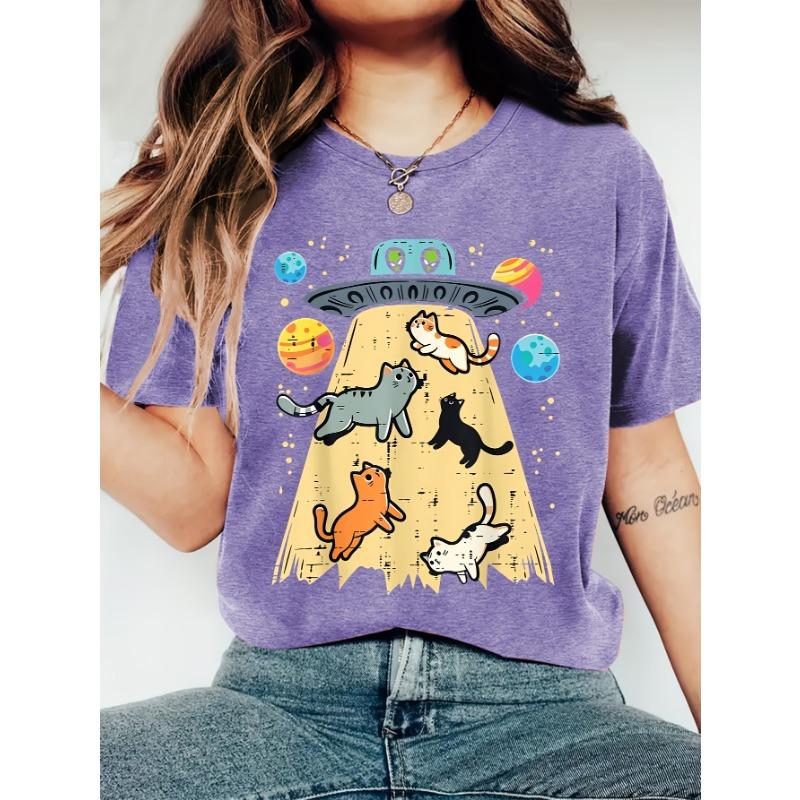 

Women s Summer UFO Abducting Cute Cat Print Crew Neck Short Sleeve T-shirt S
