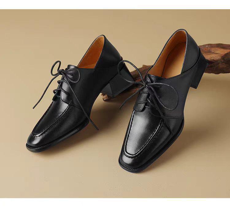Retro Preppy Mid-Heel Square-Toe Leather Loafers with Deep-Mouth Lace-Up and Kitten Heel for Women