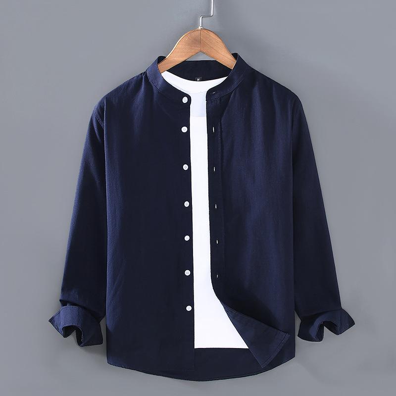 

Men s Spring and Summer Thin Section Stand-up Collar Long-sleeved Men s Shirt Solid Color Cotton Linen Blouse S темно-синий