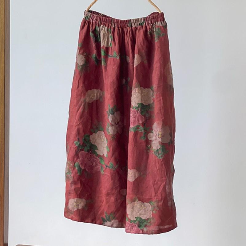 Johnature Винтажные Женские Юбки с Цветочным Принтом Эластичная Талия Эластичная Талия Осень А-силуэт Женские Юбки One Size красный