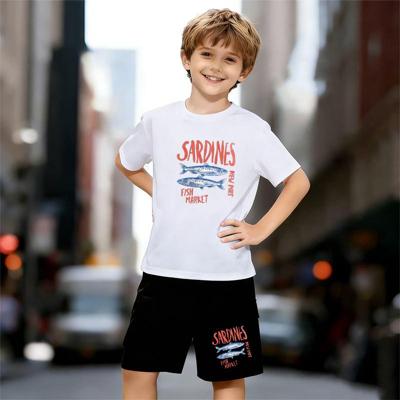 

Boys 2 Piece Sardine pattern Print Outfit, Short Sleeve T-Shirt and Shorts Set for Kids Age 5-14, Black and White Sporty Casual Summer Clothes 13-14 Years білий