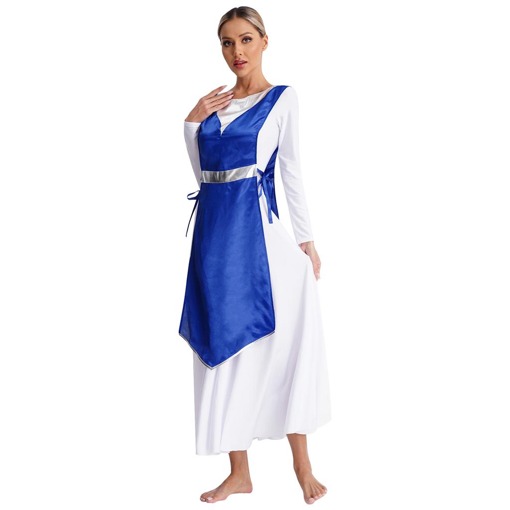 Women Church Worship Robe Choir Performance Tunic Metallic Patchwork Lace Up Sides Split Satin Dress