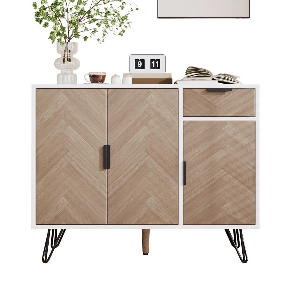 Modern Storage Cabinet, Sideboard in White and Wood Look with Drawer and Height-Adjustable Shelves (90 x 30 x 71.5 cm)