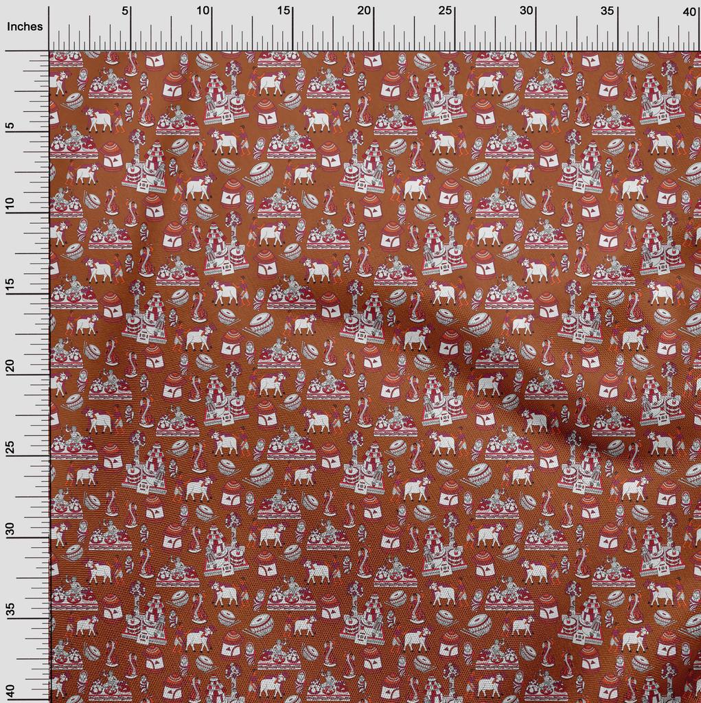 oneOone Cotton Flex Orange Fabric Kalamkari Traditional Sewing Material Print Fabric By The Yard 40 Inch