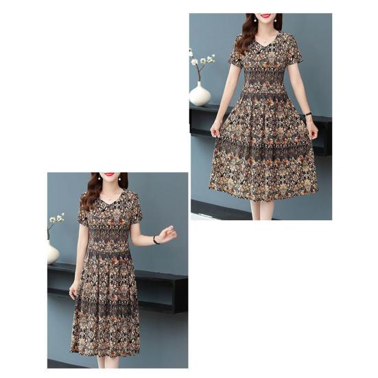 Vintage Floral Print Midi Dress for Women Short Sleeve Smocked Waist A-Line Dress Summer V Neck Swing Sundress
