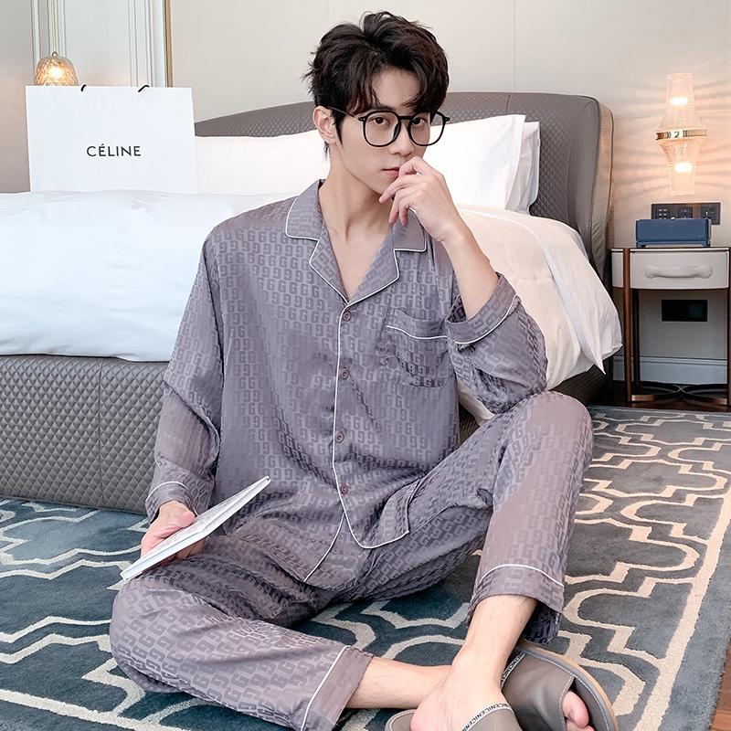 Set pijama bărbați din mătase de gheață pijamale cu mânecă lungă