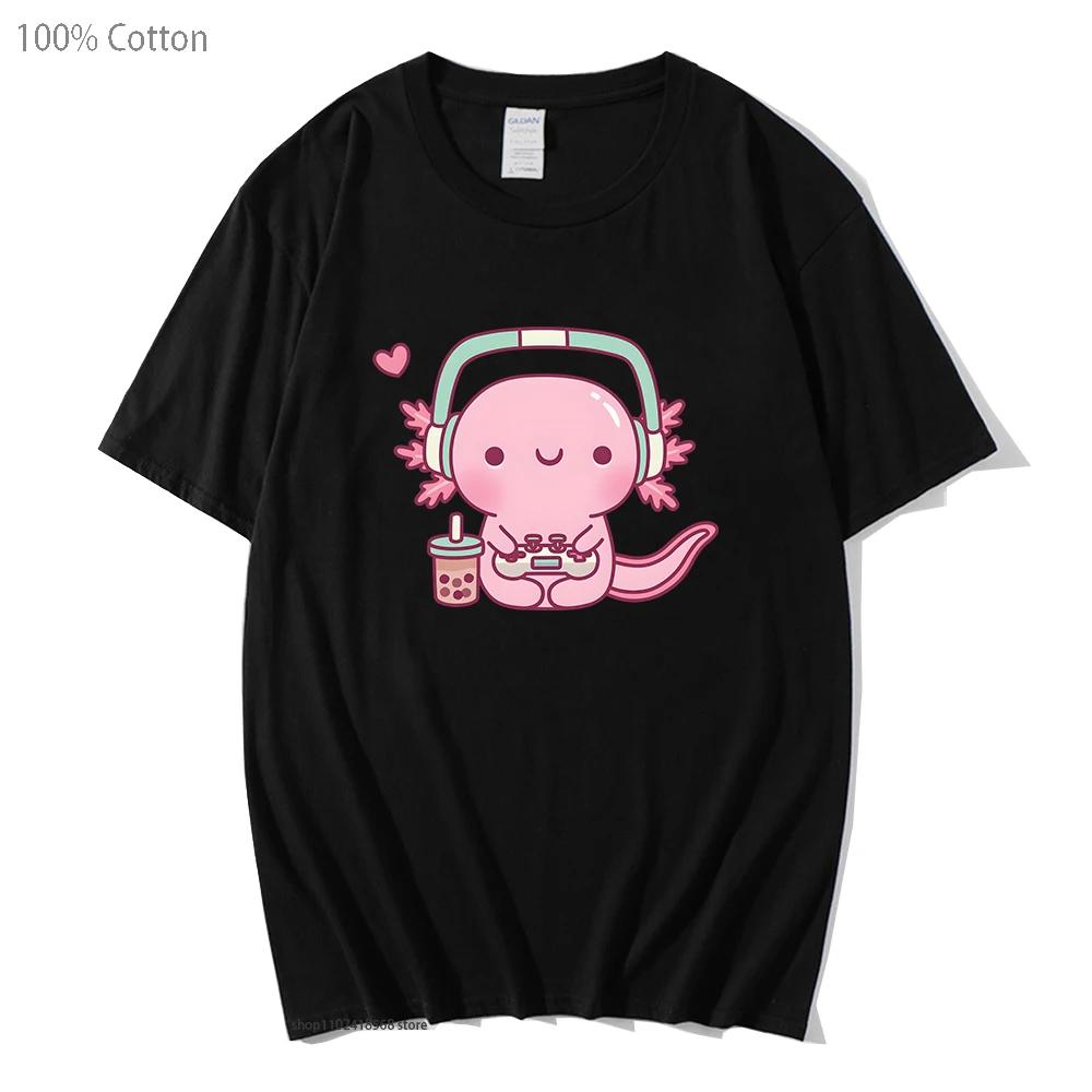 T-shirt mignon Axolotl jouant aux jeux vidéo Dessin animé Gamer Imprimé drôle T-shirt Vêtements pour femmes Vêtements pour hommes Y2k T-shirt en coton