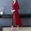 Elegant Faux Two-Piece Plus-Size Cheongsam Dress with Long Sleeves and Split Skirt