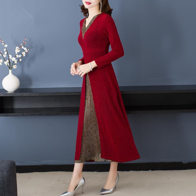 Elegant Faux Two-Piece Plus-Size Cheongsam Dress with Long Sleeves and Split Skirt