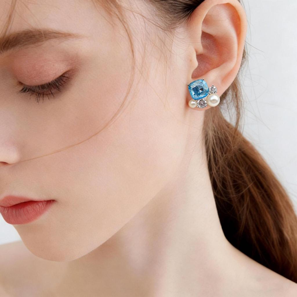 Blue Diamond Pearl Stud Earrings - Elegant, Versatile Rhinestone Accessories for Women.
