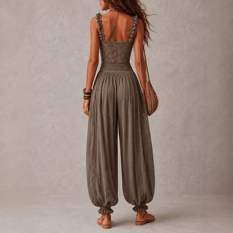 Tuta da Donna Boho in Pizzo con Spalline Sottili Senza Maniche Vita Alta Pantaloni a Harem Vintage Larga a Lanterna Tute Lunghe