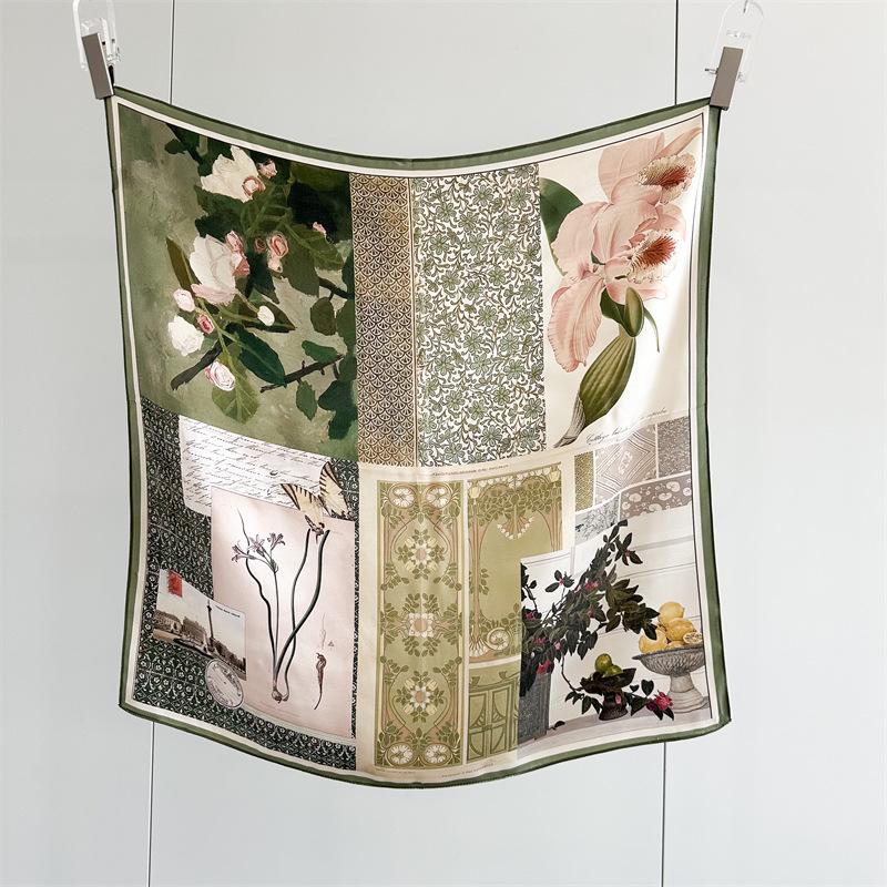 

French Retro Flower Splicing Printing 100% Silk Scarf Women s Spring/Summer Fashion Versatile Mulberry 70CM Square Scarf Shawl 65CMx65CM
