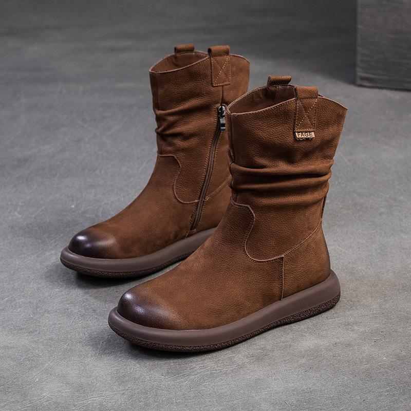 Fashion GKTINOO 2024 Autumn Winter New Retro Handmade Flat Mid-calf Boots Genuine Leather Round Toe Knight Boots Soft Women's Shoes