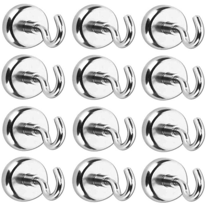 Crochet magnétique - AIMOONSA - Pack 12 - Diamètre 16 mm - Force 5,5 kg - Nickel poli