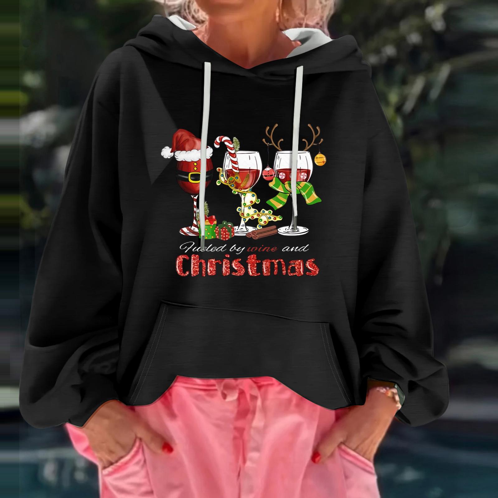 

Женский рождественский принт, свободный повседневный худи с длинным рукавом и капюшоном L чёрный