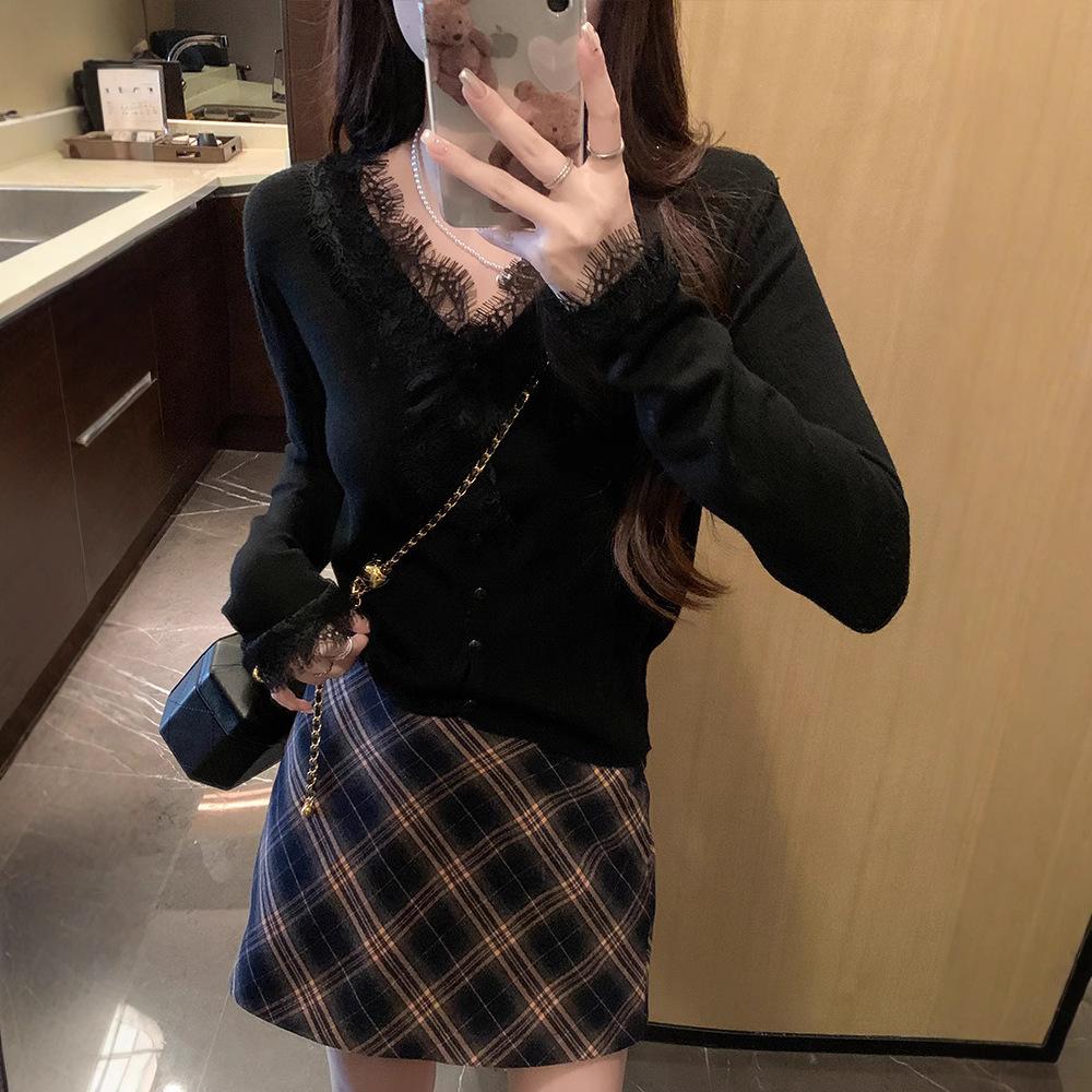 Lace edge v-neck solid color knitted bottoming shirt women's cardigan autumn and winter new foreign style long-sleeved short sweater