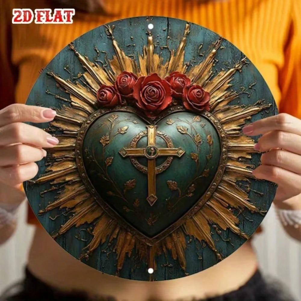 Vintage Metal Wall Art Sacred Heart Cross Sign Rustic Rose Decor for Home Cafe