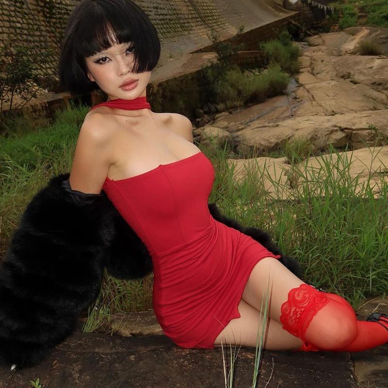 Autumn Street Style Sexy Strapless Solid Color Patchwork Neck Bag Hip Spice Short Dress