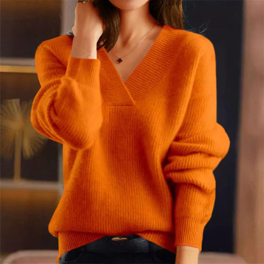 Dámské podzimní a zimní pletené topy s výstřihem do V v jednobarevném provedení, vícebarevné spodní tričko, pulovrový svetr