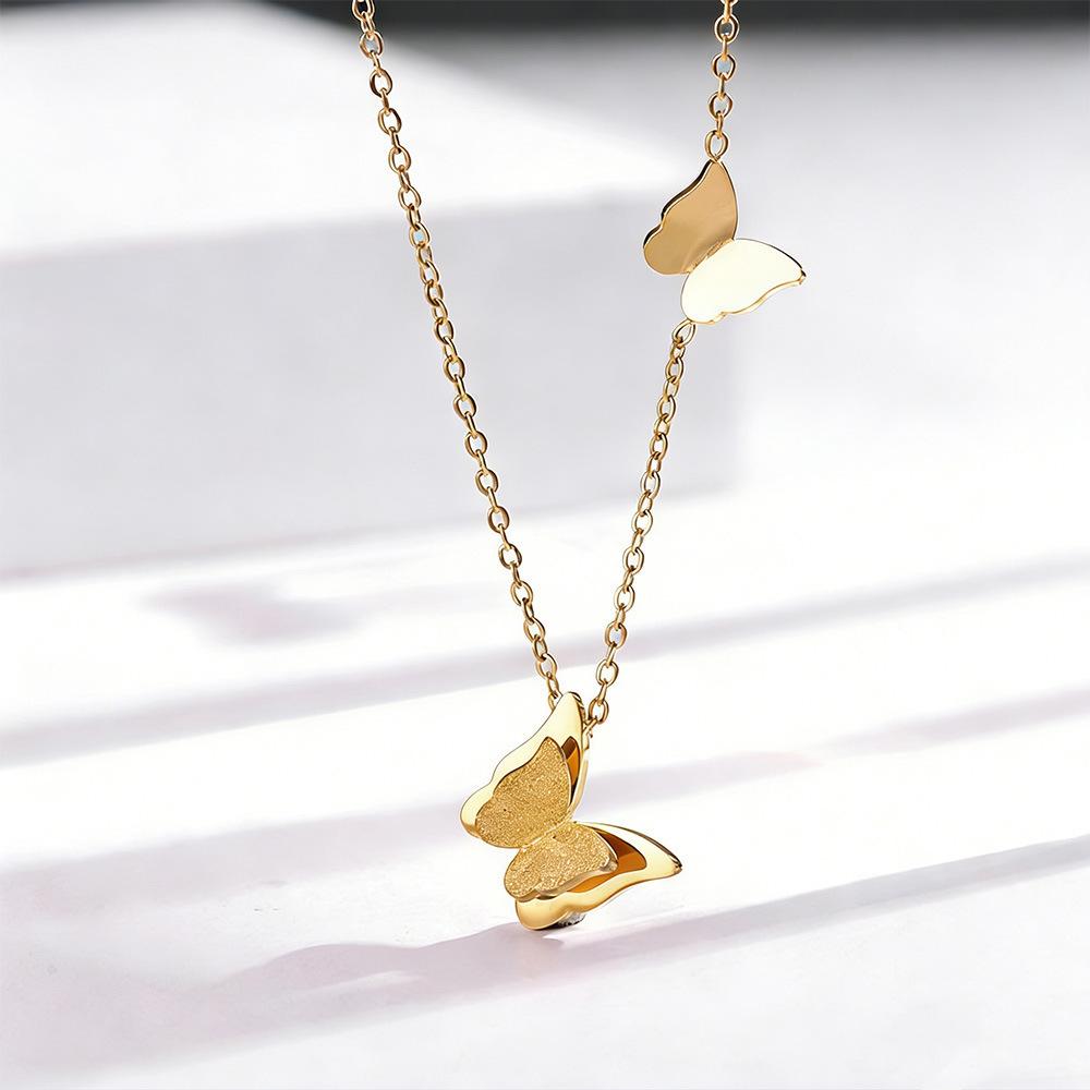 Huibao 3D Butterfly Pendant Necklace for Women Stainless Steel Gold Plated Frosted Wing Dainty Chain Fashion Jewelry