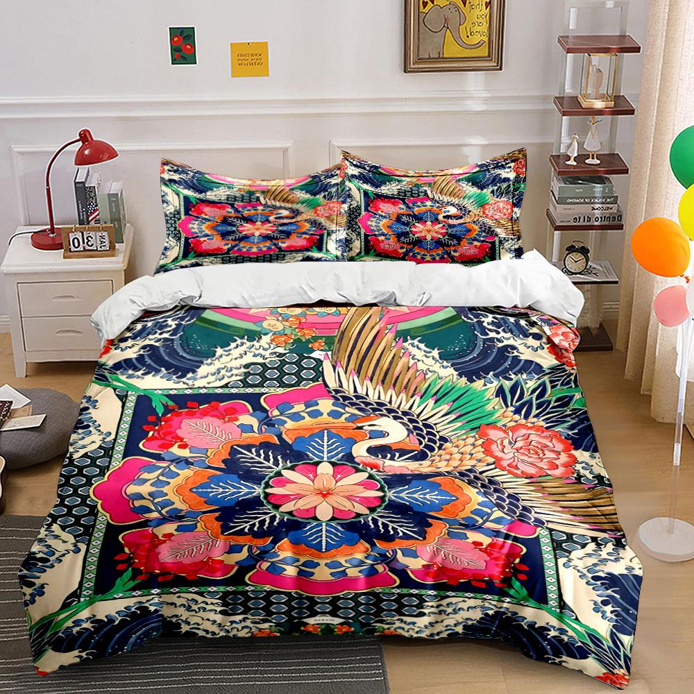 Colorful cranes and florals. Bedding sets Duvet cover sets Duvet covers Pillowcases(1 * Duvet Cover 2 * Pillowcases without duvet insert)