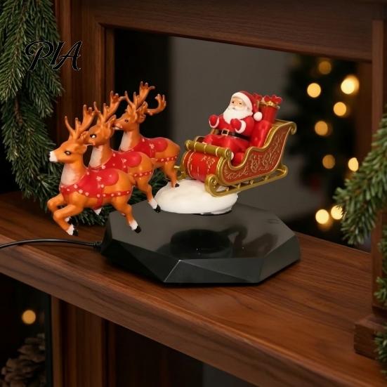 Compact Christmas Table Ornament Floating Santa Sleigh, Flying Sleigh Magnetic Levitation Display, Holiday Party Centerpiece Claus Tabletop Decor for