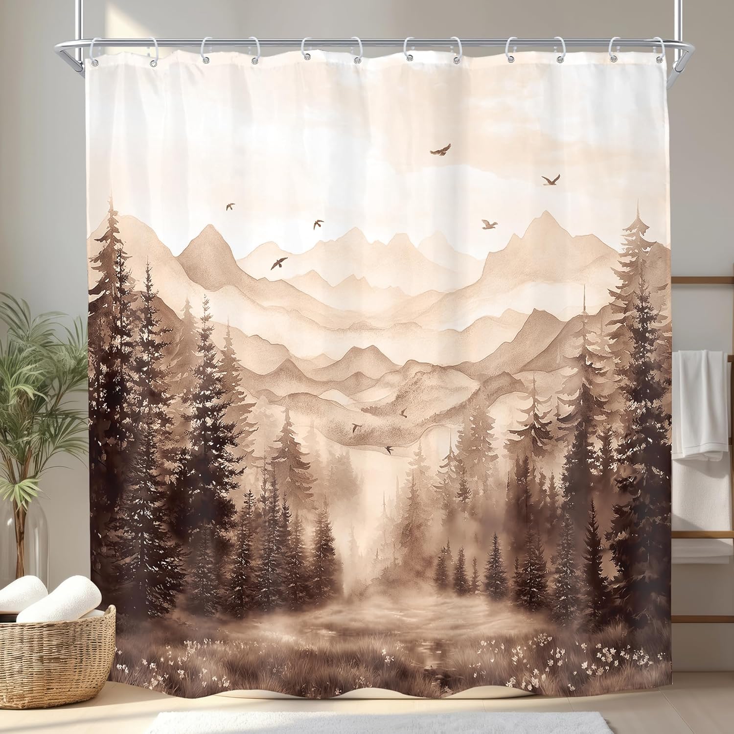 

Rustic Green Mountain Shower Curtain for Bathroom Nature Misty Pine Tree Modern Woodland Watercolor Scenery Landscape Fabric 90x180CM