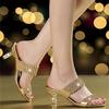New Summer Womens 2025 Fashion Comfort Elegant Sandals Gold Oneword Diamond Stiletto Heel Medium Heel Rhinestone Sandals