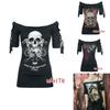Stylish Women's Fashion Skull Printed Cool Black T-shirt Plus Size Slash Slit Tops