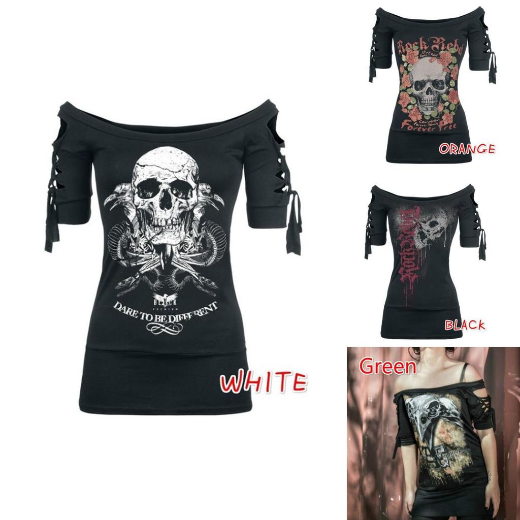 Stylish Women's Fashion Skull Printed Cool Black T-shirt Plus Size Slash Slit Tops
