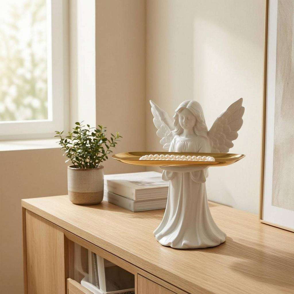 Angel Statue with Tray Angelic Figure Sculpture Decorative Decor for Vanity, Dresser,