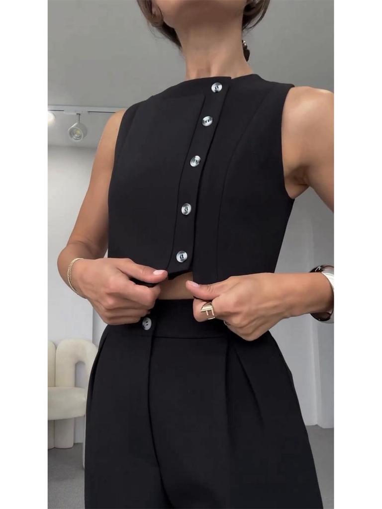 Europäische & Amerikanische Damenmode 2024 Frühling/Sommer Ärmelloses Top & Hochtaillierte Cropped-Hose Set