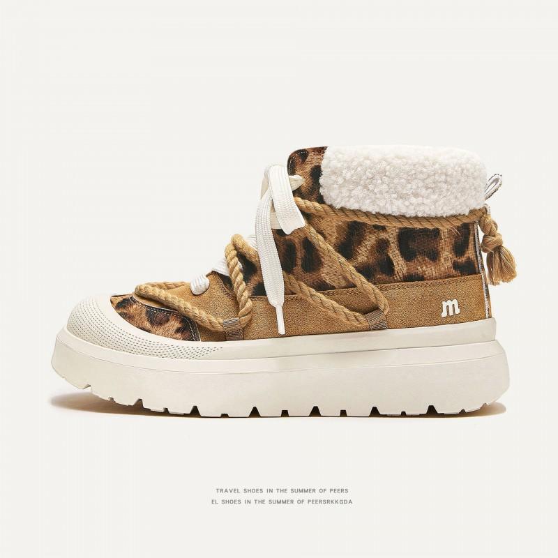 Unisex Winter Snow Boots With Leopard Print Warm Faux Fur Lining Rubber Sole Short Shaft Round Toe Lace-Up