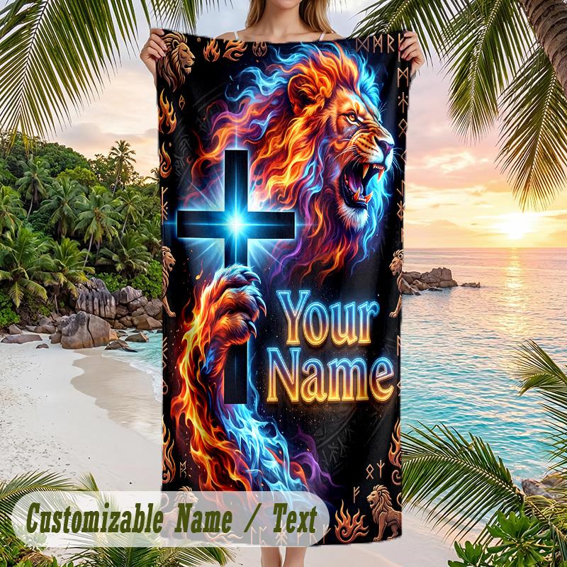 Lion Tiger Theme Beach Towel Personalized Custom Name & Text Soft Quick Dry Beach Towel for Swimming Travel