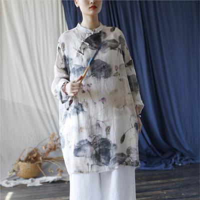 Women Chinese Style Long Shirts Stand Long Sleeve Tops Print Floral Autumn Blouses Button A-Line Shirts