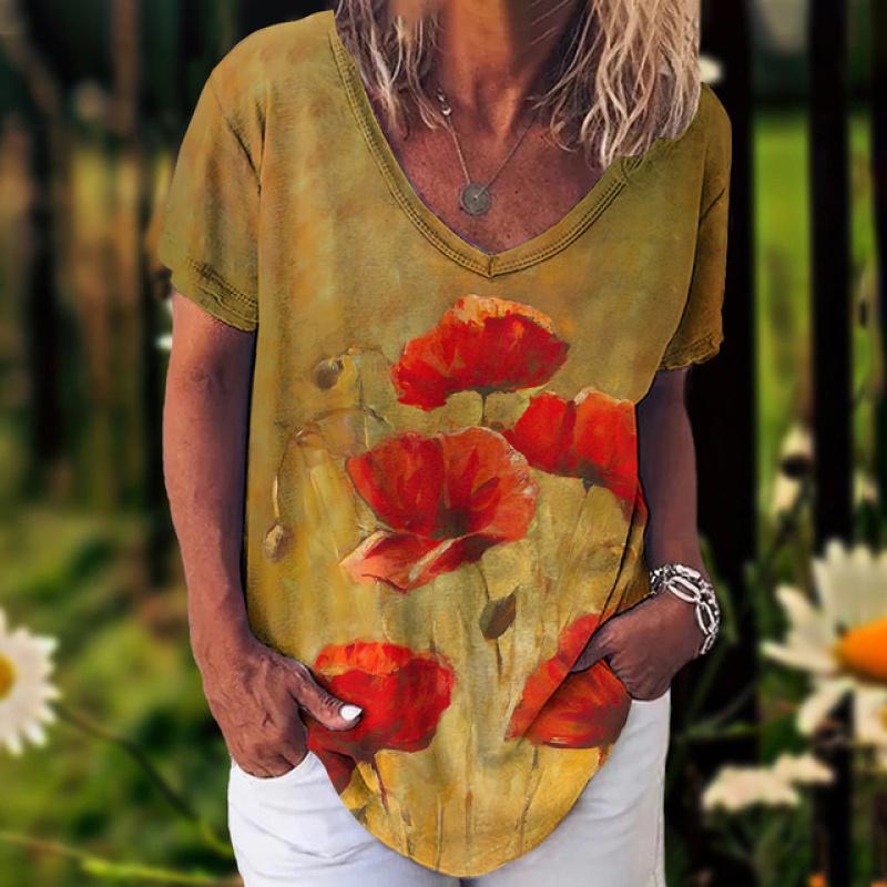 

Новинка 2023 года, женская футболка, летние винтажные топы с цветочным принтом, повседневная блузка с v-образным вырезом, модный женский пуловер большого размера, женская одежда XL