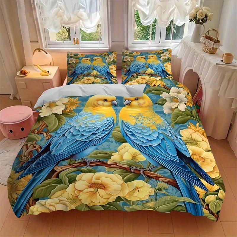 3pcs Parrot Floral Bedding Cover Set, Fashion Classic Popular Print Bedding Set, Soft Comfortable, All - Season Use, For Bedroom, Guest Room097