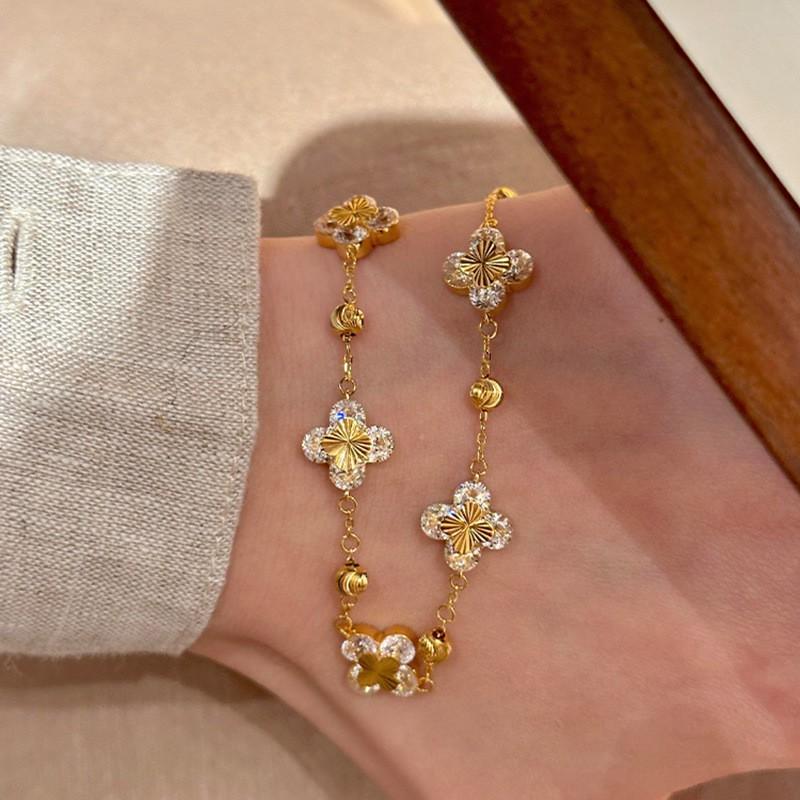 Gold Tone Laser-Effect Four Leaf Clover Bracelet Women Vintage Chic Layering Stackable Jewelry