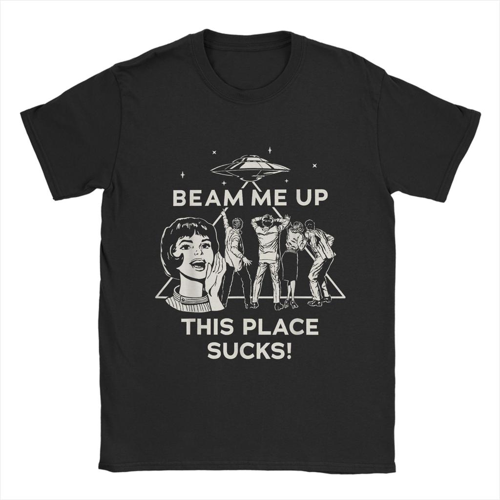 Harajuku T-Shirt Strand Beam Me Up Dieser Ort ist Mist! Hipster T-Shirts 100% Baumwolle T-Shirt für Herren Y2K-Muster Kurzarm-T-Shirts