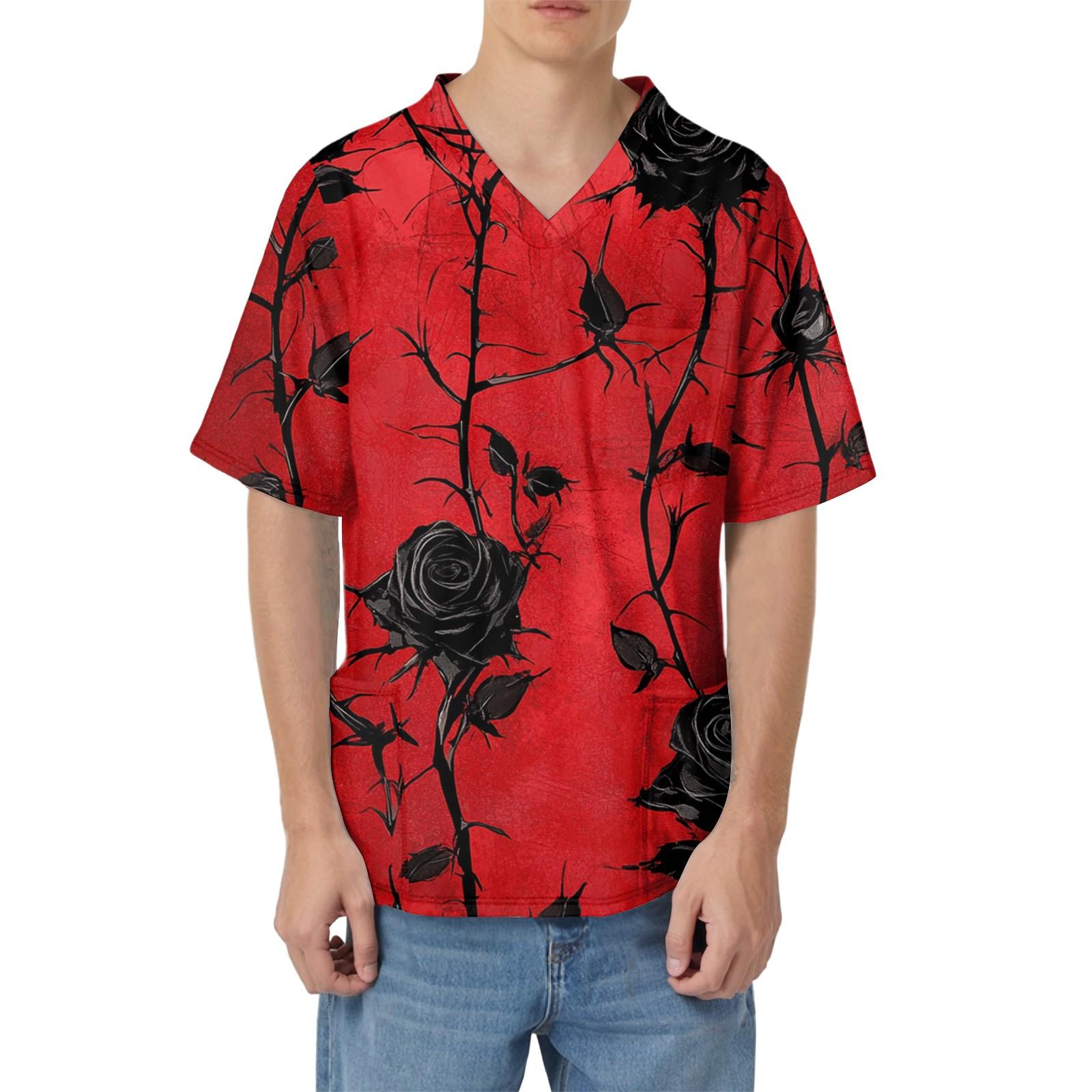 Men s Printing Short Sleeve V-neck Working Blouse Chest Pocket Carer Top S красный 1680₽