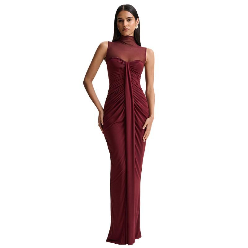 European & American Women's Spring/Summer 2026 Elegant High Neck Sleeveless Slim Fit Long Ruffled Mesh Dress